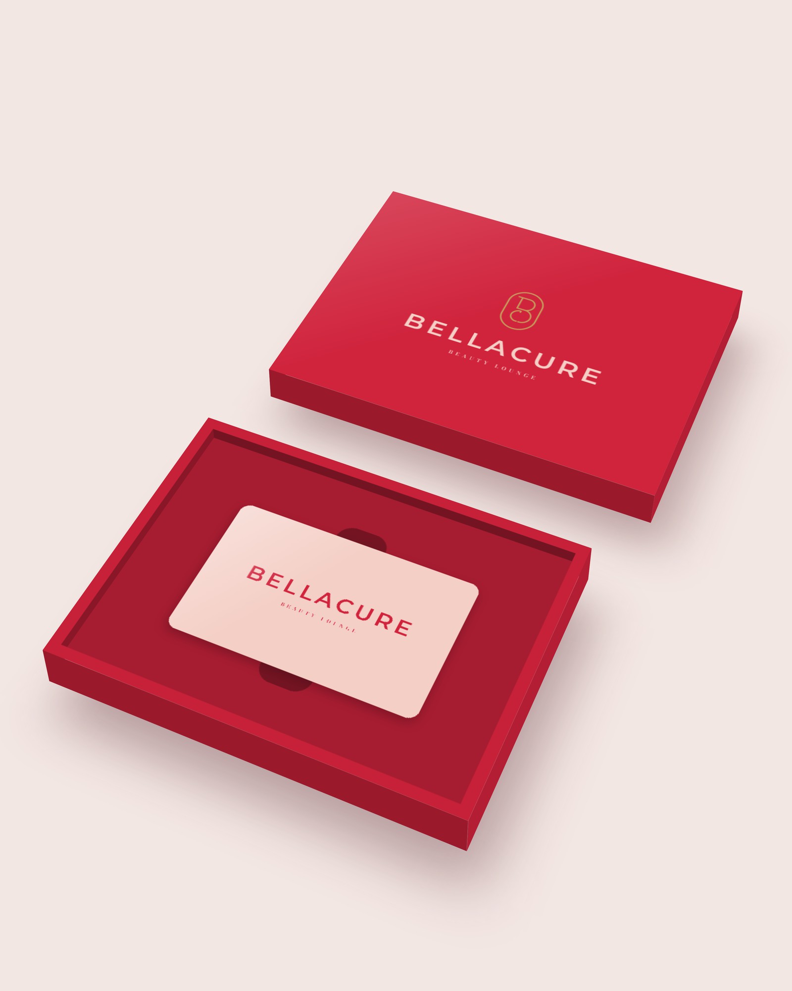The Bellacure gift card in its crimson gift box, lid beside it